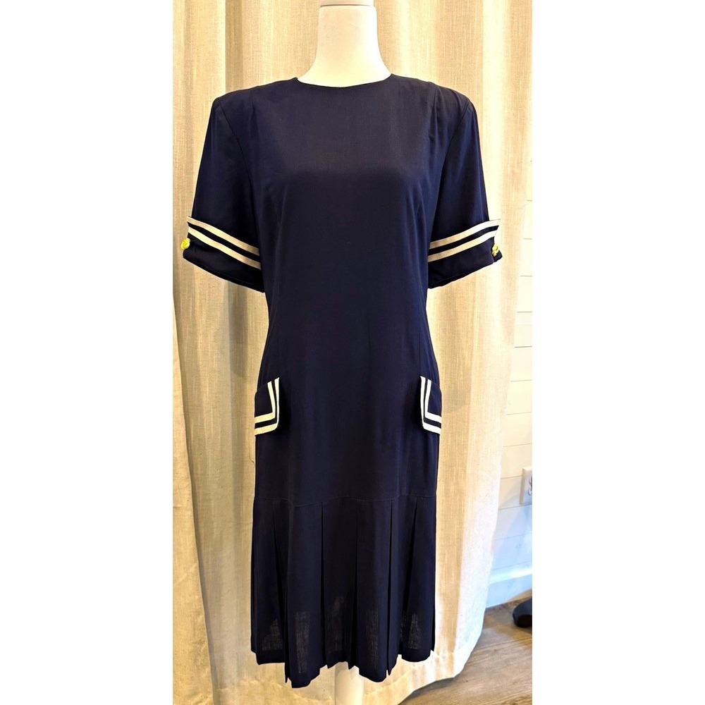 Vintage Nautical Sailor Drop Waist Pleated 80s Cynthia Howie Dress Size 10 Navy